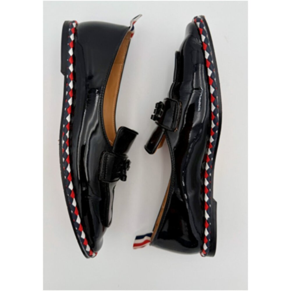 Thom Browne Black Patent Leather Loafers with Red White and Blue Trim - Picture 5 of 9